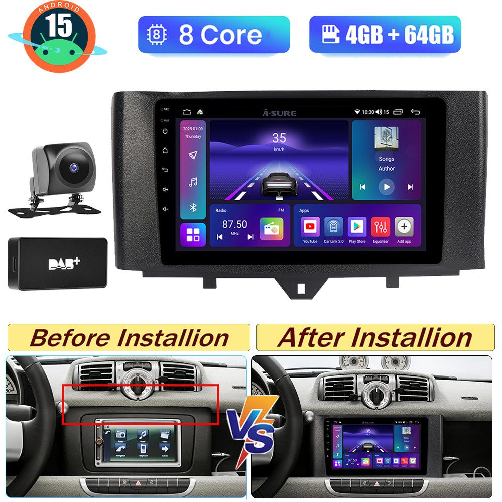 A-Sure 4+64G Android 15 Radio Carplay GPS Navi Für Smart Fortwo 451 2011-2015 Autoradio (Digitalradio (DAB), FM, AM, 1280*800 IPS Screen/8-Core CPU)
