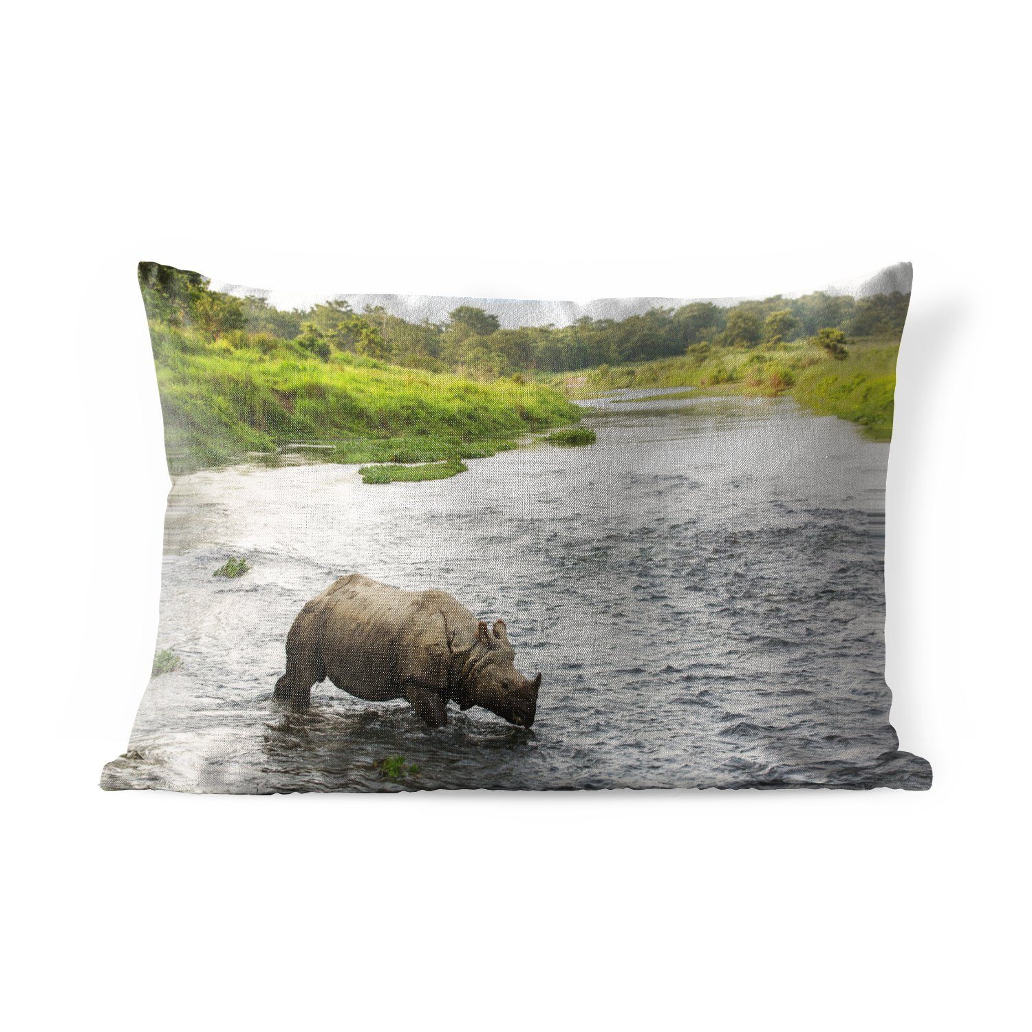 MuchoWow Dekokissen Nashorn im Wasser, Outdoor-Dekorationskissen, Polyester, Dekokissenbezug, Kissenhülle