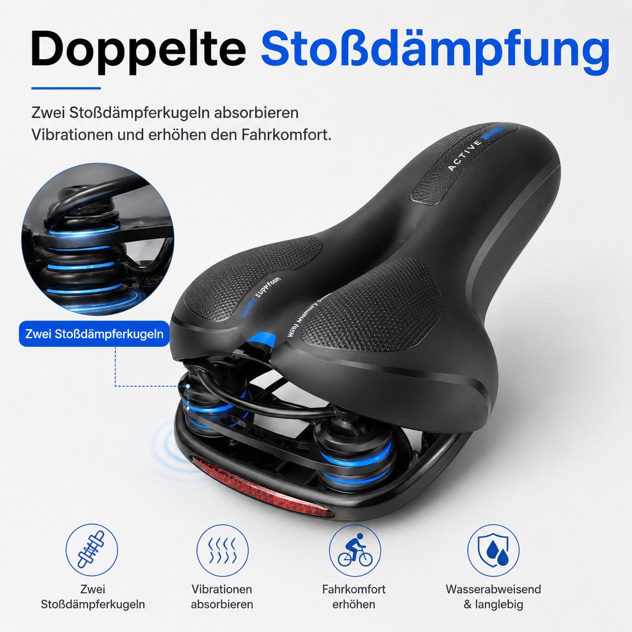 Luckice Fahrradsattel Ergonomischer Fahrradsattel mit Doppelstoßdämpfung, (Belüftung, breiter Polsterung), wasserabweisender Oberfläche & Reflektor