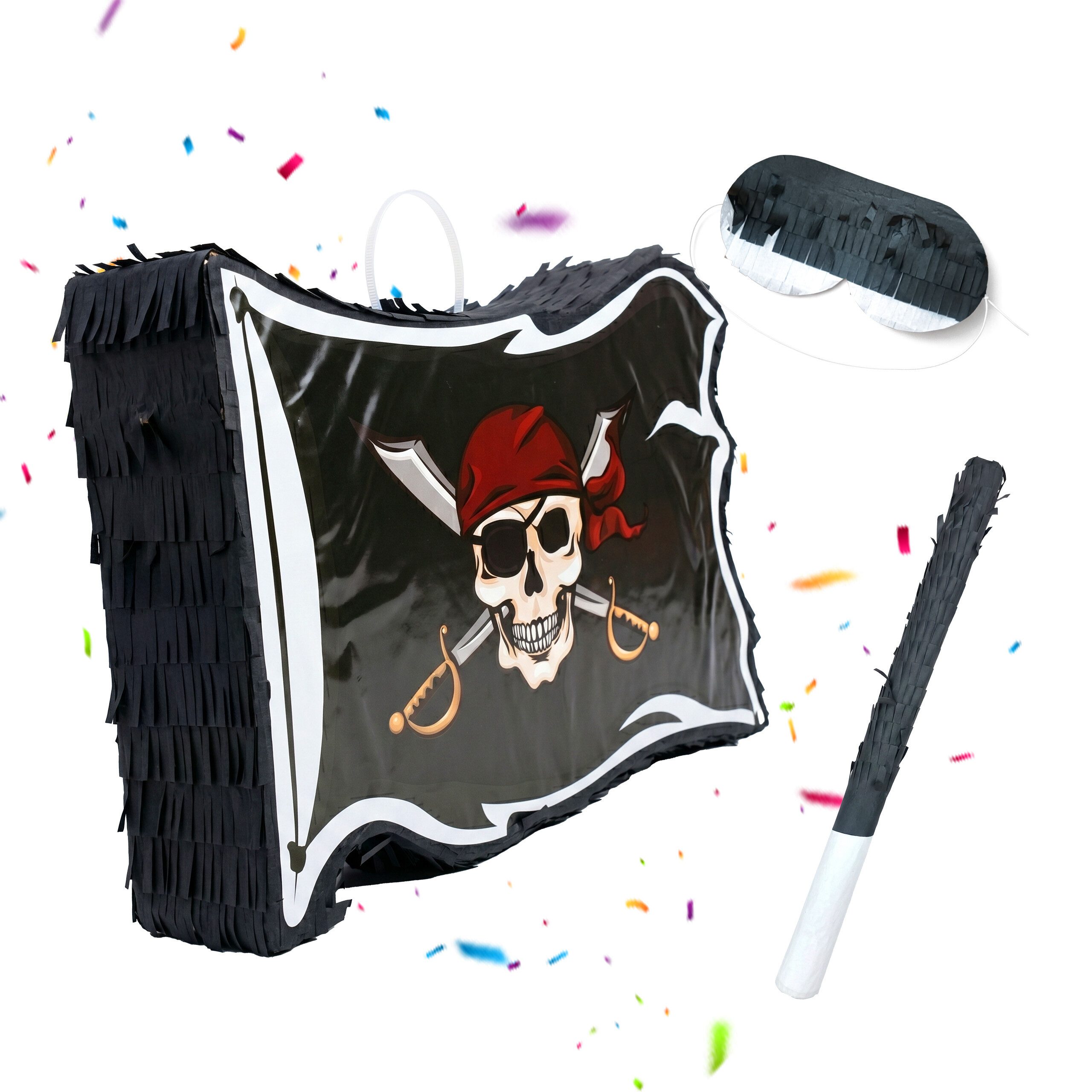 relaxdays Pinata Piratenflagge mit Stab & Maske, Piratenflagge