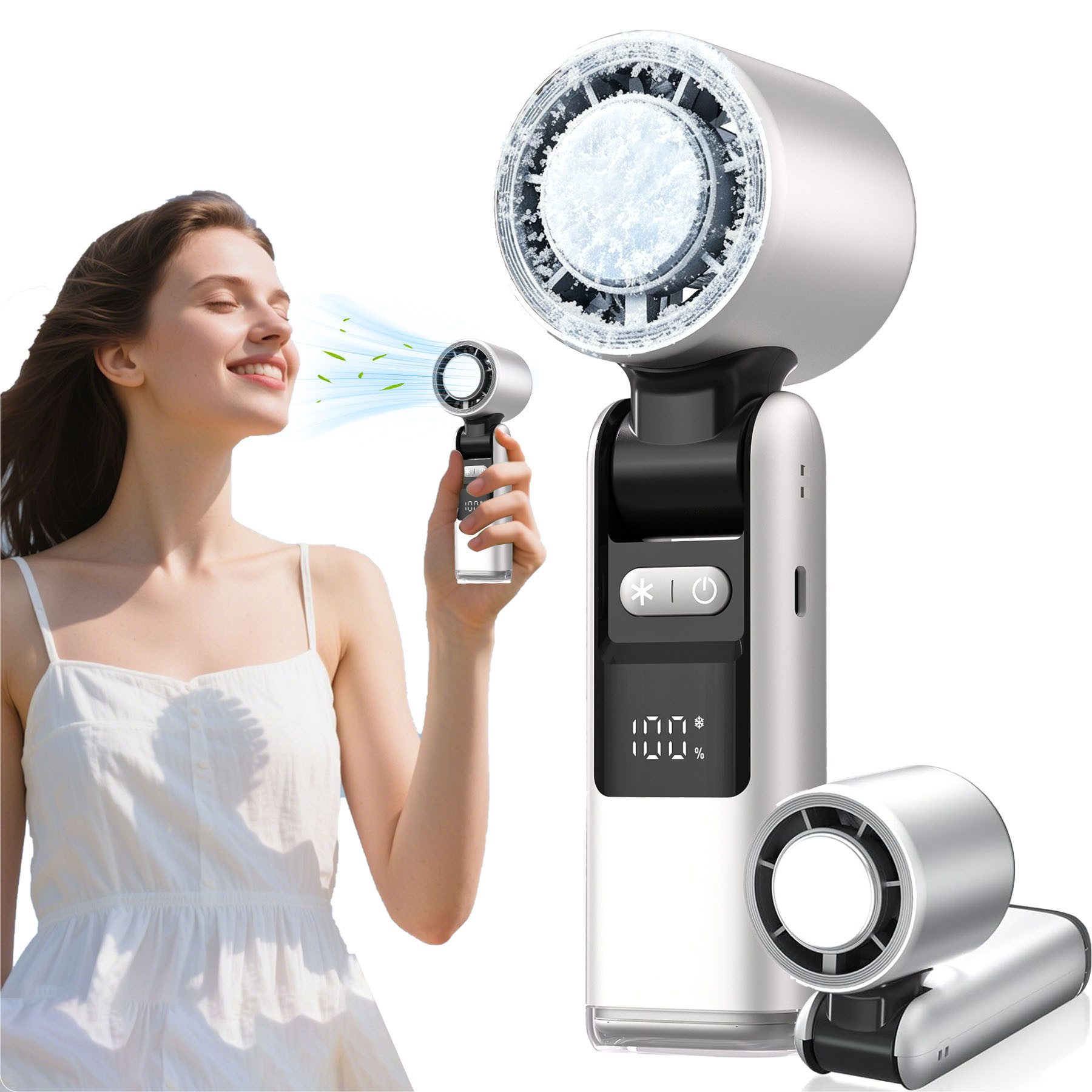 Senmudi Handventilator Tragbarer Mini-Turbo-Lüfter,2000 mAh USB-Akku,100-stufige Einstellung, Kühldesign mit LED-Display, 3-in-1-Design mit Beleuchtungsfunktion