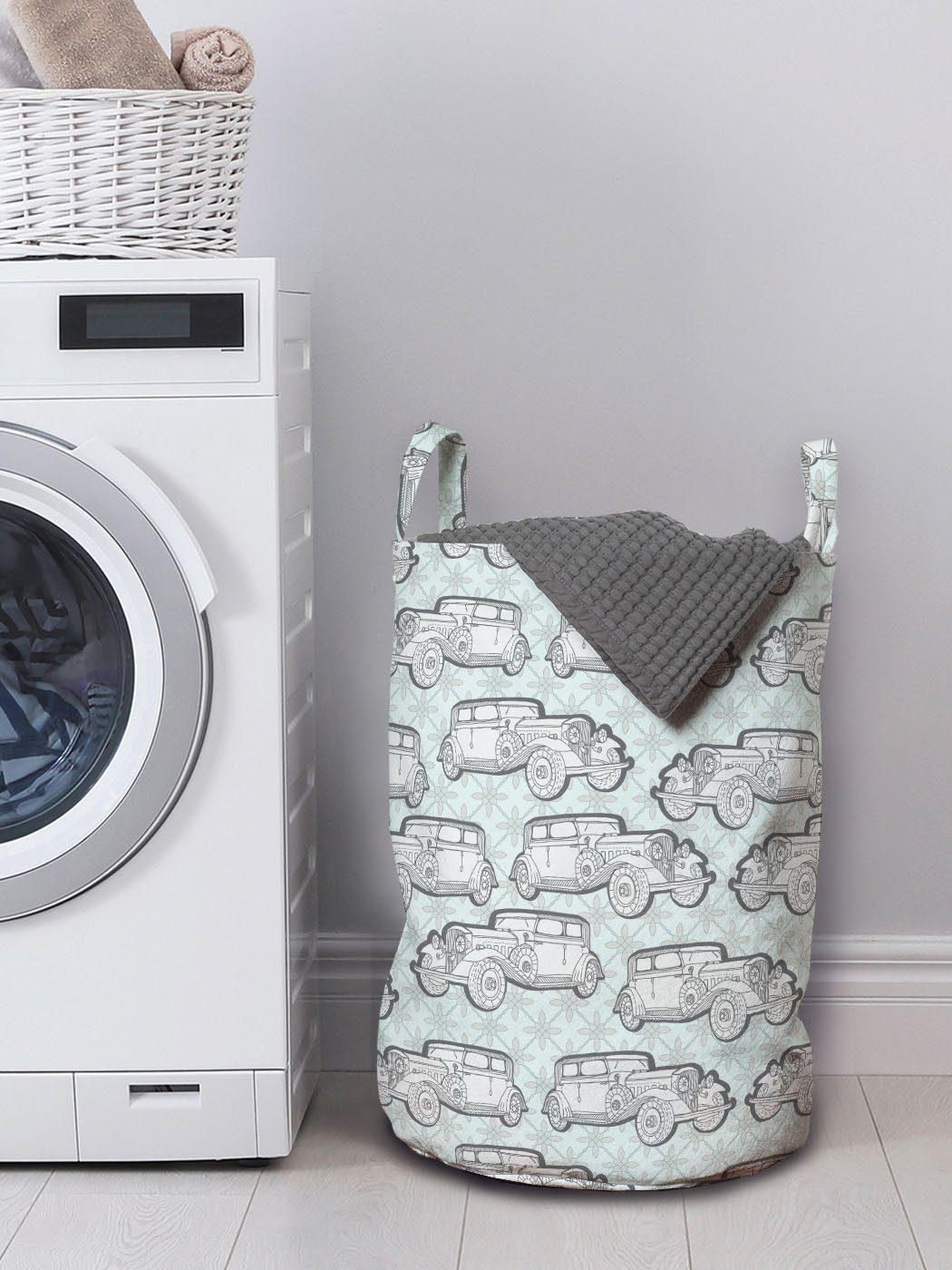 Abakuhaus Wäschesäckchen Wäschekorb mit Retro Pattern für Waschsalons, Griffen Cars Jahrgang Kordelzugverschluss Vehicles
