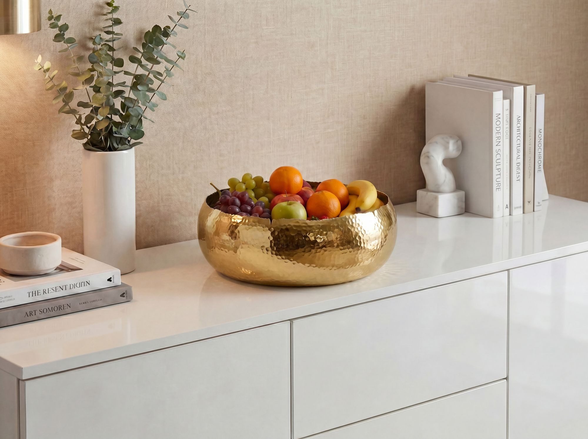FINEBUY Obstschale FB77793 Metallschale Aluminium Gold 35cm Obstkorb Metall Rund, Aluminium, (Bauchige Früchteschale für deine heimische Küche), Stabile Schale mit Hammerschlag Struktur