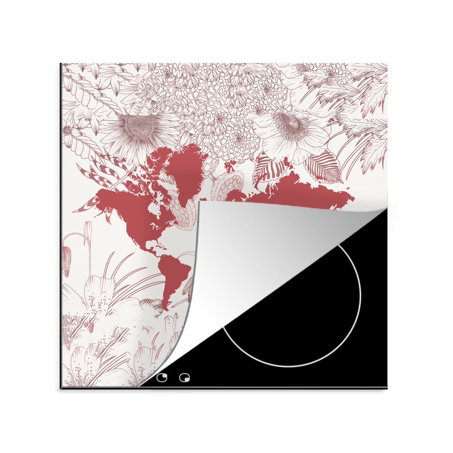 MuchoWow Herdblende-/Abdeckplatte Weltkarte - Blume - Rosa, Vinyl, (1 tlg), 78x78 cm, Ceranfeldabdeckung, Arbeitsplatte für küche