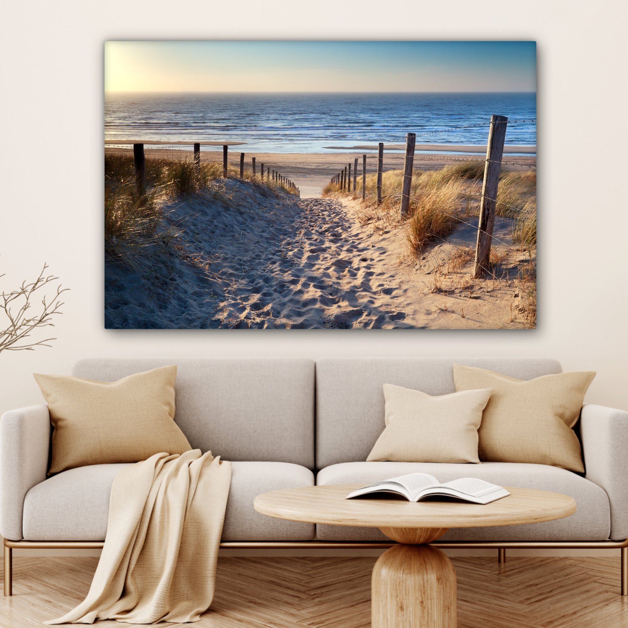 cm Wandbild Strand Meer Gemälde, großes, Wohnbereiche, - Dünen Strand Sonne, - 120x80 OneMillionCanvasses® - XXL, (1 - Leinwandbild alle Meer - für St), Niederlande