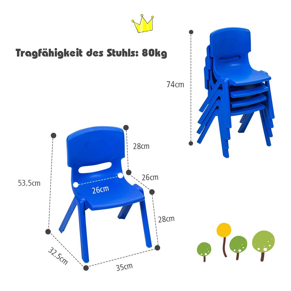 COSTWAY Kinderstuhl, Set, mit Rückenlehne, 6er blau 80kg stapelbar