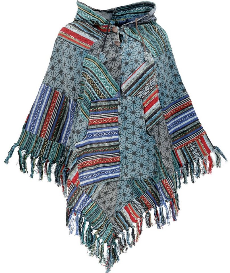 Guru-Shop Strickjacke Patchwork Poncho mit Kapuze und Fransen, Boho.. alternative Bekleidung, Ethno Style