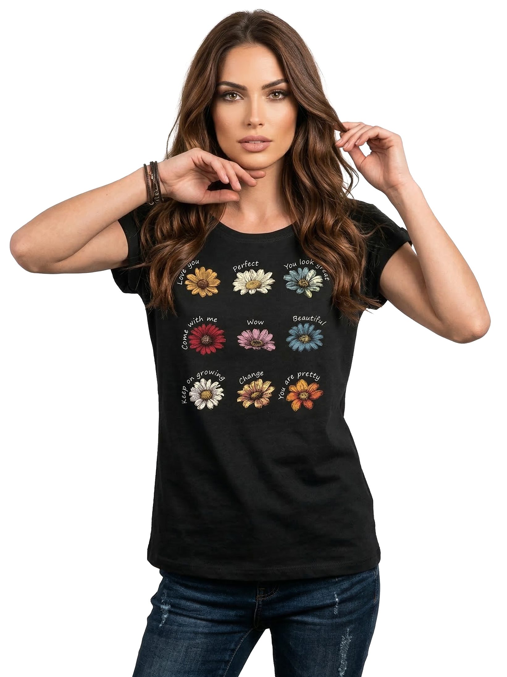 MAKAYA Kurzarmshirt mit Blumenprint Hippie Flower Power Outfit Blumenshirt Sommer Top (Schwarz, Blau, Grau, 36, 38, 40, 42, 44, 46, 48, 50) mit Druck