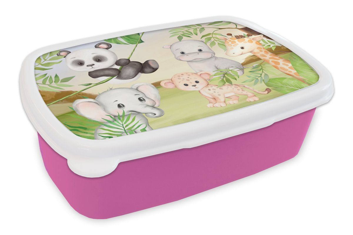 MuchoWow Lunchbox Dschungeltiere - Kinder - Panda, Kunststoff, (2-tlg), Brotbox für Erwachsene, Brotdose Kinder, Snackbox, Mädchen, Kunststoff rosa