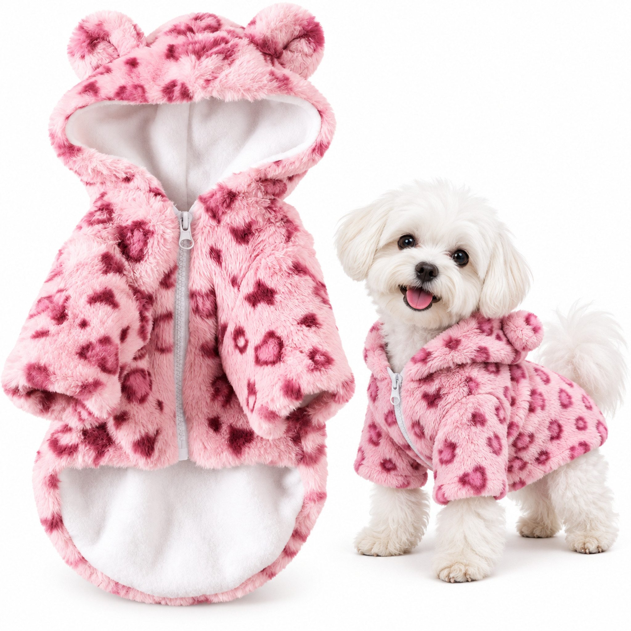FLOCKI Pets™ Hundepullover Hundejacke Leopard, Plüschmantel mit Kapuze, Ohren und Reißverschluss, Plüsch-Hundejacke mit weichem Innenfutter, Ohrenkapuze