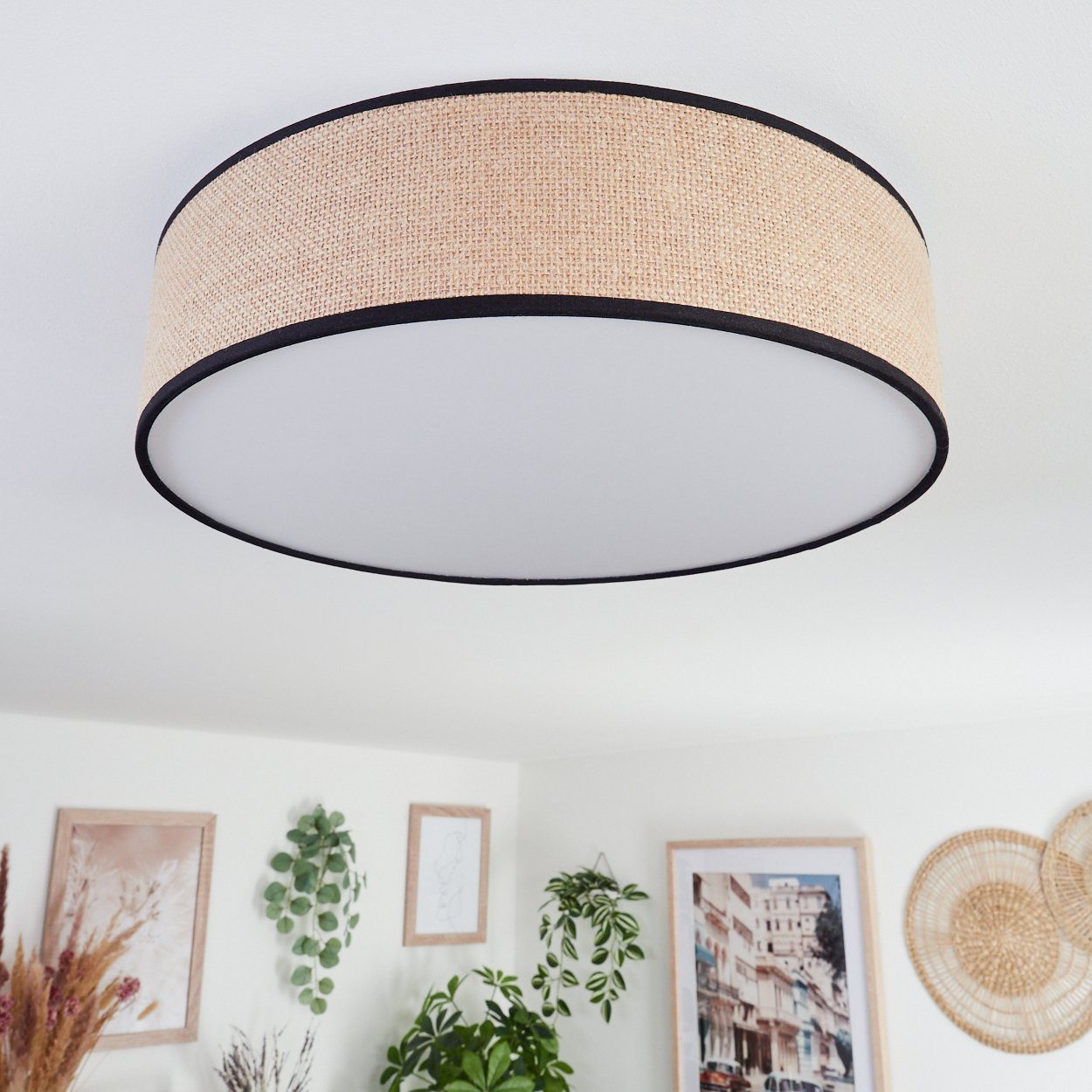 hofstein Deckenleuchte moderne Deckenlampe aus Metall/Stoff/Kunststoff in Weiß/Natur/Schwarz, LED fest integriert, 3000 Kelvin, Leuchte im angesagten Boho-Desig – Bild 5 von 5