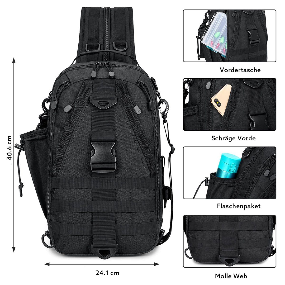 G4Free Angelrucksack OTGFTN21B004, Angelausrüstungs-Rucksack, Aufbewahrungstasche für Outdoor-Aktivitäten, Schulter-Rucksack, Angelausrüstung. Schwarz