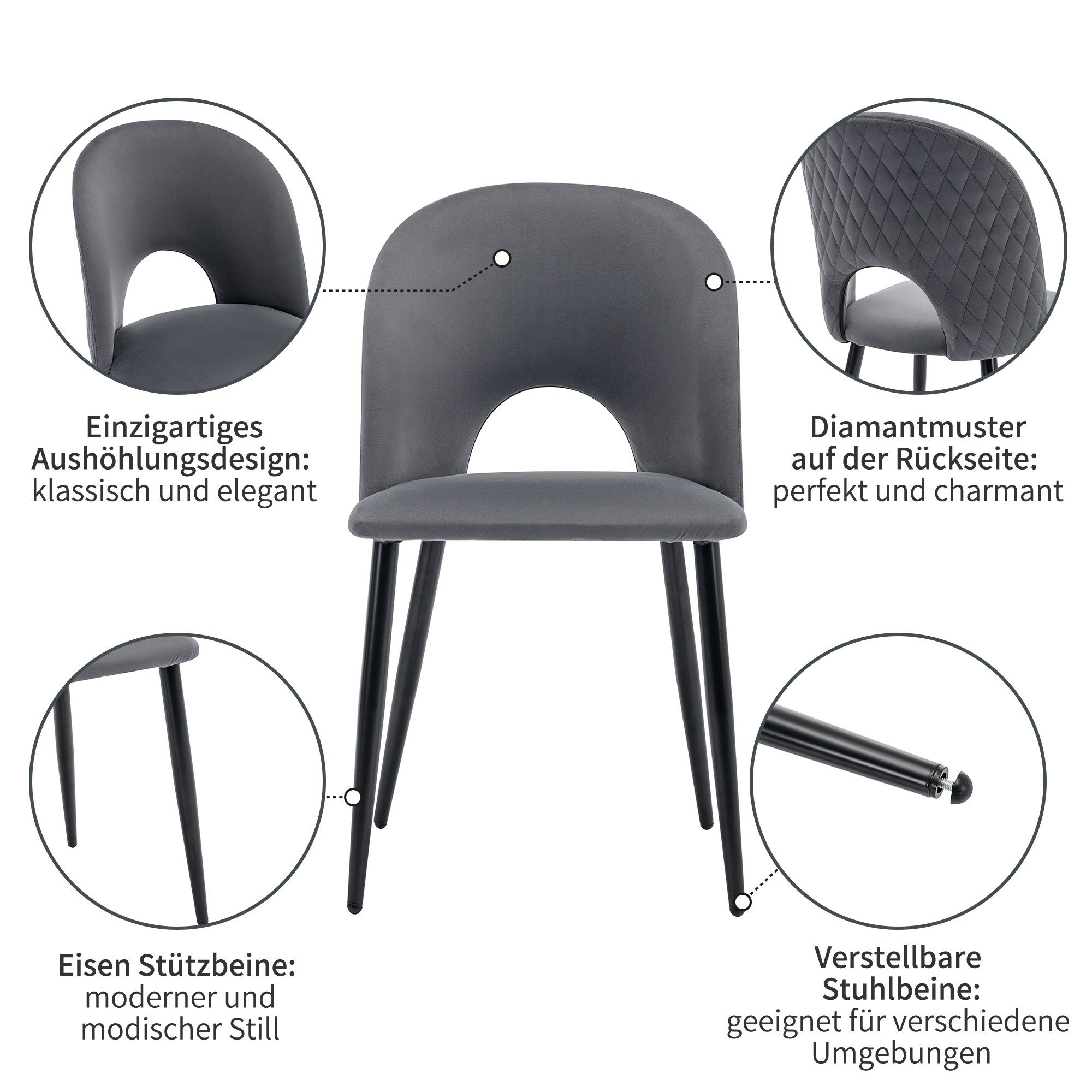 REDOM Essgruppe Rechteckiger Esstisch Moderner Küchentisch (Esstisch Stuhlbeine) mit Mit Set, Diamantmuster,Verstellbare stuhl Grau-Stühlen+Scharz-Esstisch 4