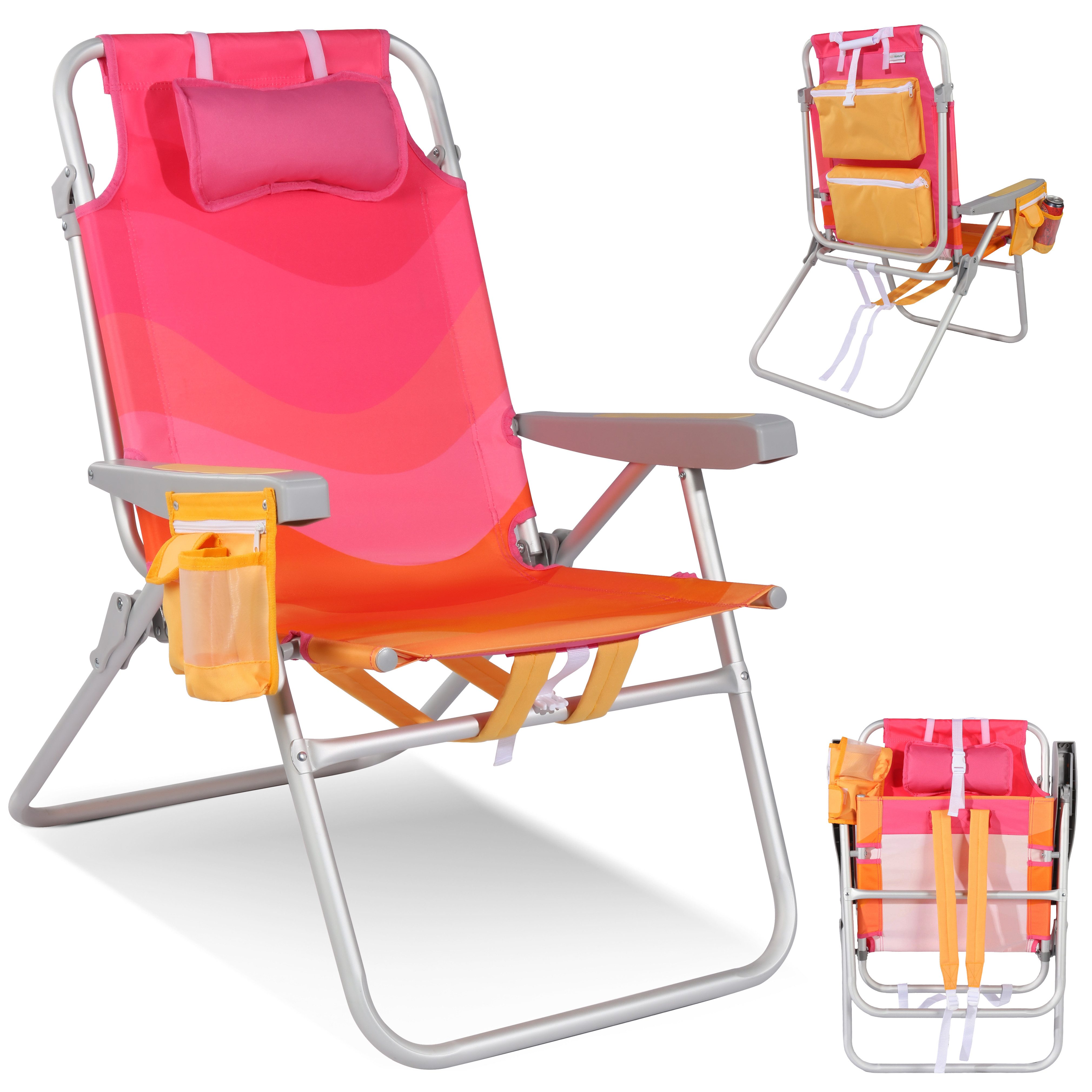 HOMECALL Campingstuhl Strandstuhl Klappbar Leicht Klappstuhl Strand -Alu bis 136kg (mit Kopfpolster & Kühltasche für Outdoor, 1 St), Klappstuhl Strand 5-stufig verstellbare Rückenlehne
