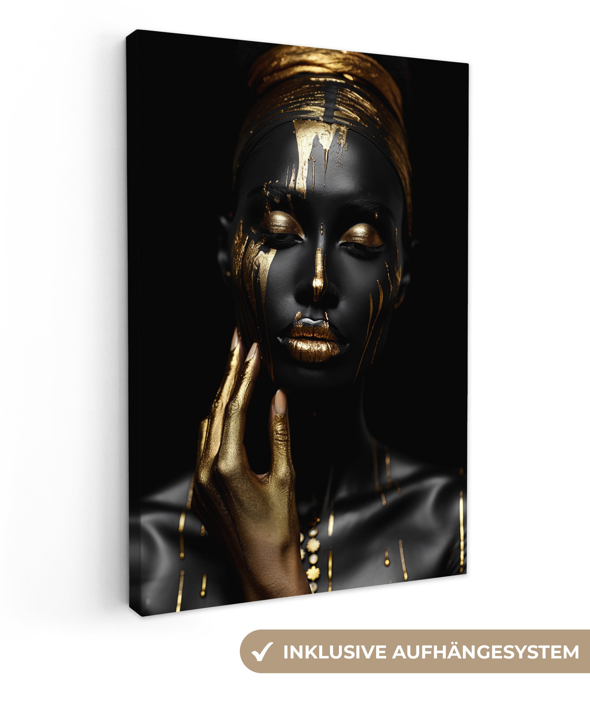 OneMillionCanvasses® Leinwandbild Frau - Abstrakt - Schwarz - Gold - Porträt, Fotodruck (1 St), Leinwand Canvas Wandbild, Wanddekoration 20x30 cm