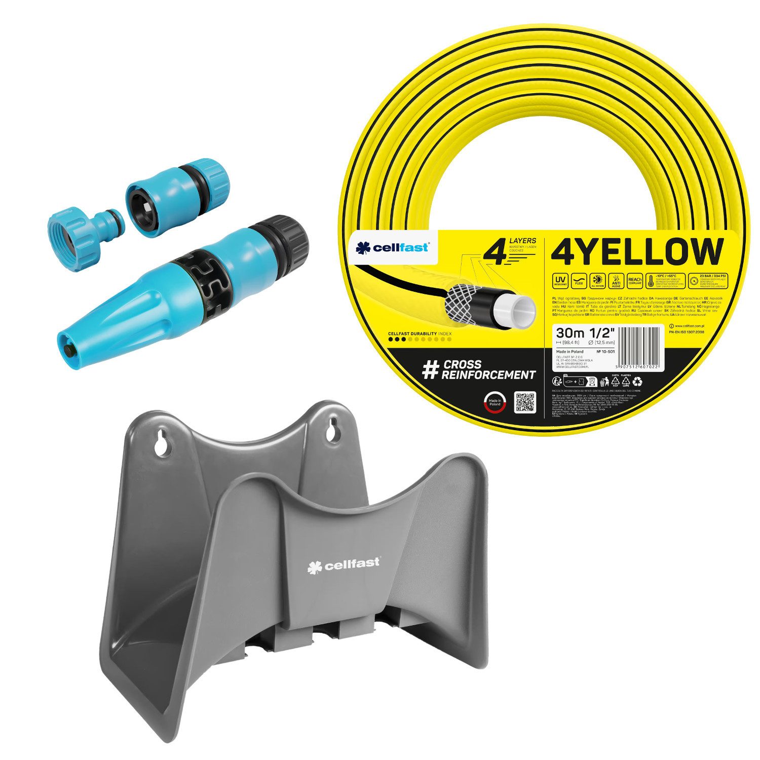Cellfast Gartenschlauch 4YELLOW 1/2'' 30 m mit Aufhänger und Sprühkopf, Set mit Cellfast Basic-Sprinkler (1/2), Wasserschlauch