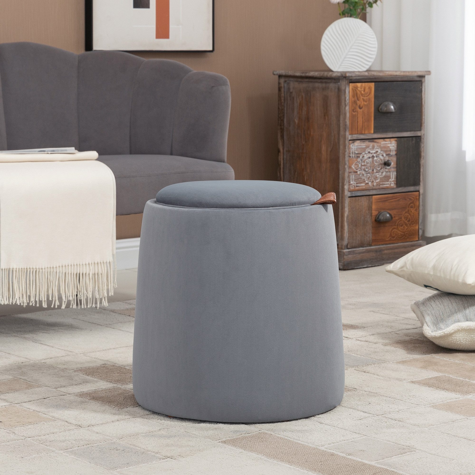 HOMCOM Sitzhocker 2-in-1 Hocker mit Deckel, Ottomane mit Samtoptik (Polsterhocker, 1 St., Sitzhocker), Grau Ø44 x 47,5 cm