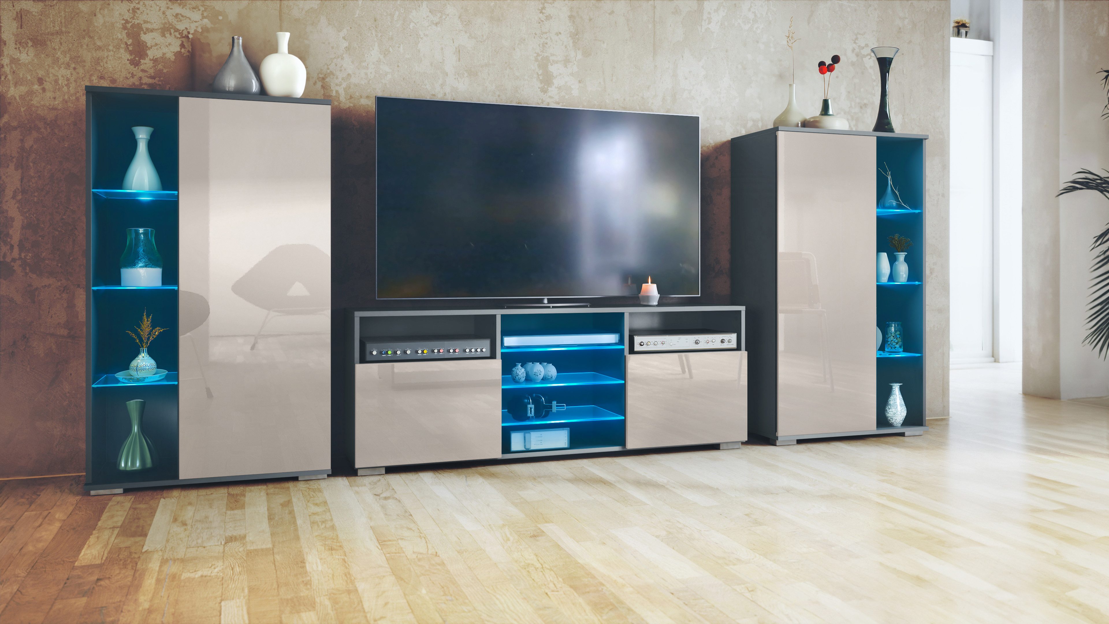 Vladon Wohnwand Davos, (Anbauwand, bestehend aus 2 Vitrinen, 1 TV-Board und LED-Beleuchtung), Anthrazit matt/Sandgrau Hochglanz (329 x 134 x 35 cm)