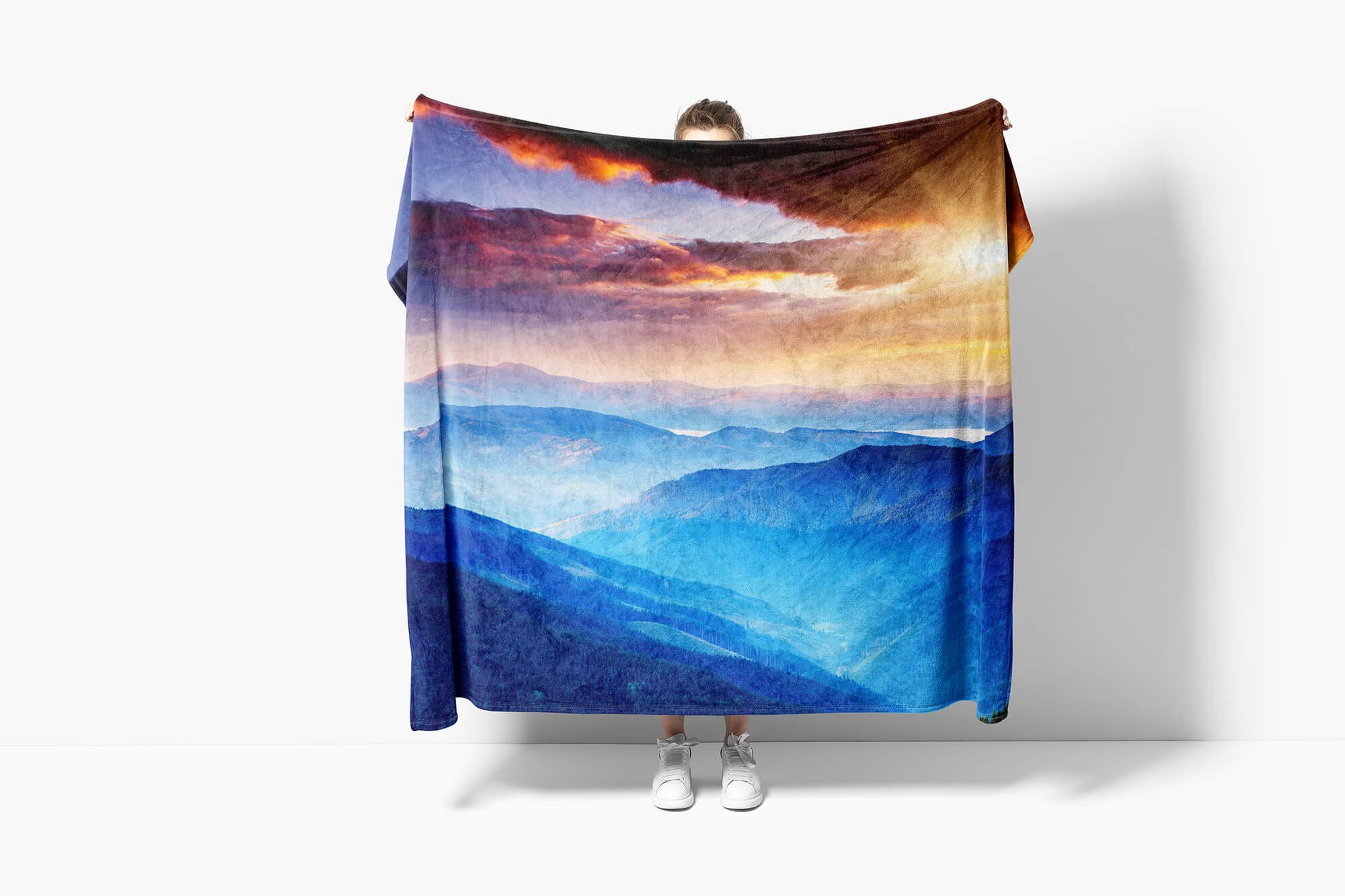 Sinus Art Handtücher Baumwolle-Polyester-Mix Ha, Fotomotiv mit Kuscheldecke Bergkette Sonnenuntergang (1-St), Handtuch Handtuch Strandhandtuch Saunatuch