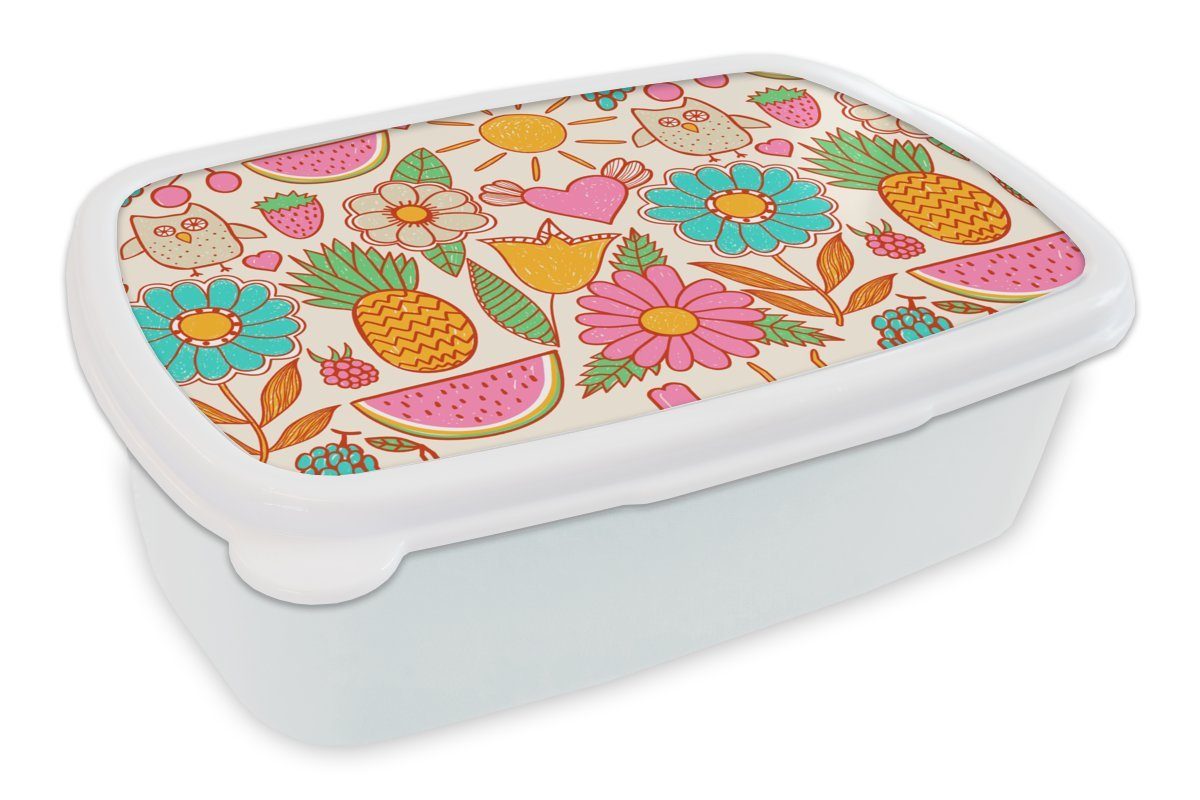 MuchoWow Lunchbox Eule - Regenbogen - Blumen - Kinder - Muster, Kunststoff, (2-tlg), Brotbox für Kinder und Erwachsene, Brotdose, für Jungs und Mädchen weiß