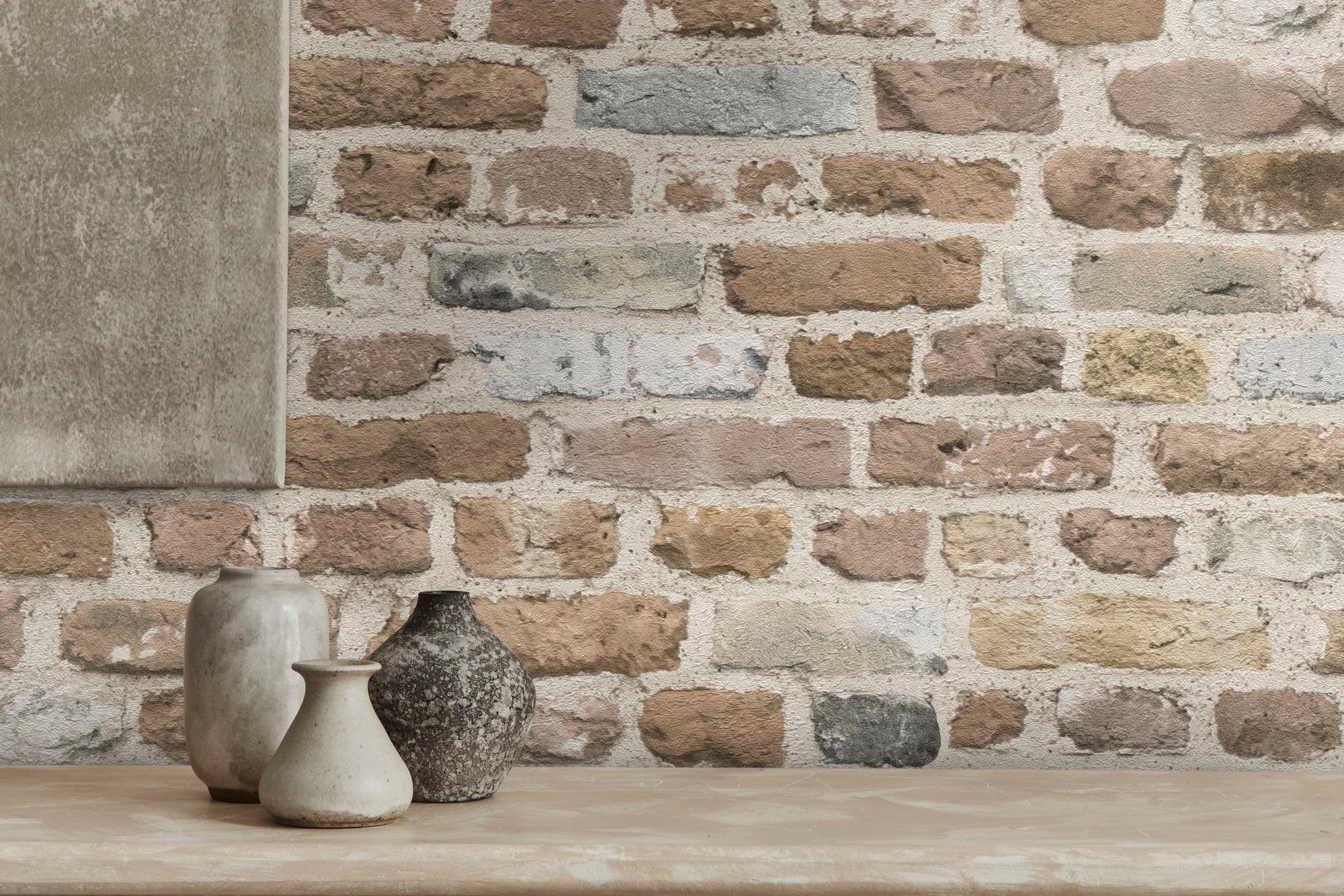 A.S. Création Vliestapete Bricks & Stones Backstein Steinoptik, leicht strukturiert, matt, gemustert, neutral, (1 St), Steintapete Backstein Tapete Tapeten Wohnzimmer Schlafzimmer Küche