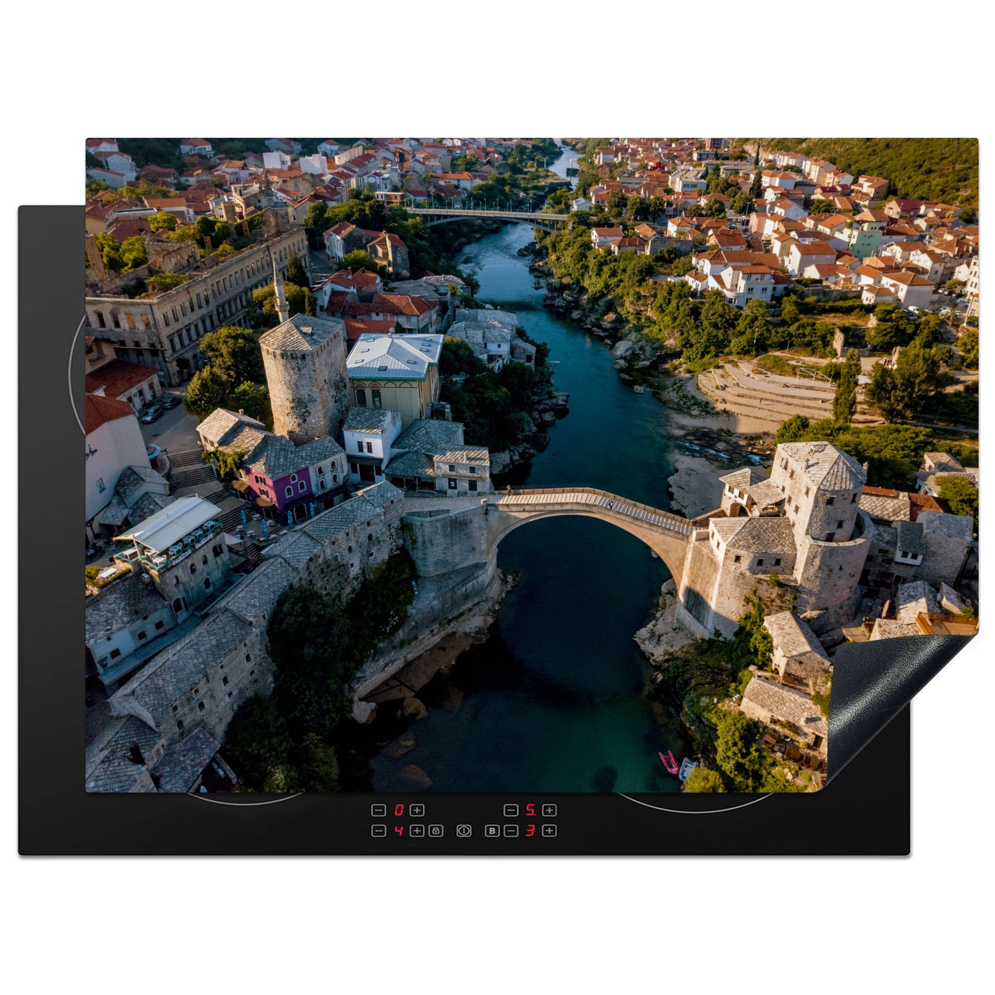MuchoWow Herdblende-/Abdeckplatte Die Stari-Most-Brücke von oben in Bosnien und Herzegowina, Vinyl, (1 tlg), 70x52 cm, Mobile Arbeitsfläche nutzbar, Ceranfeldabdeckung
