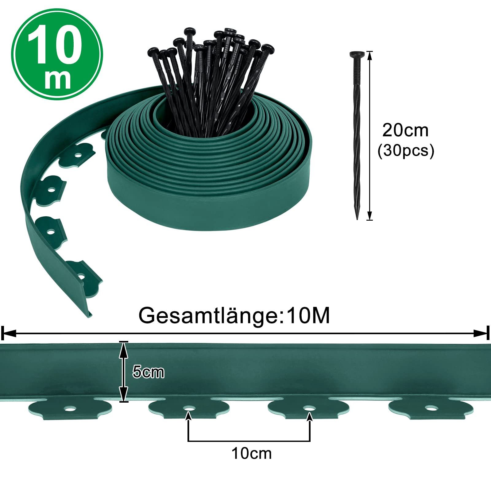 FIVMEN Rasenkante Rasenkante Kunststoff 10m Flexible Beetumrandung Wurzelsperre System, Schwarz/Hellgrau/Grün, Beeteinfassung blumenbeet Umrandung mit 30 Befestigungsnägeln