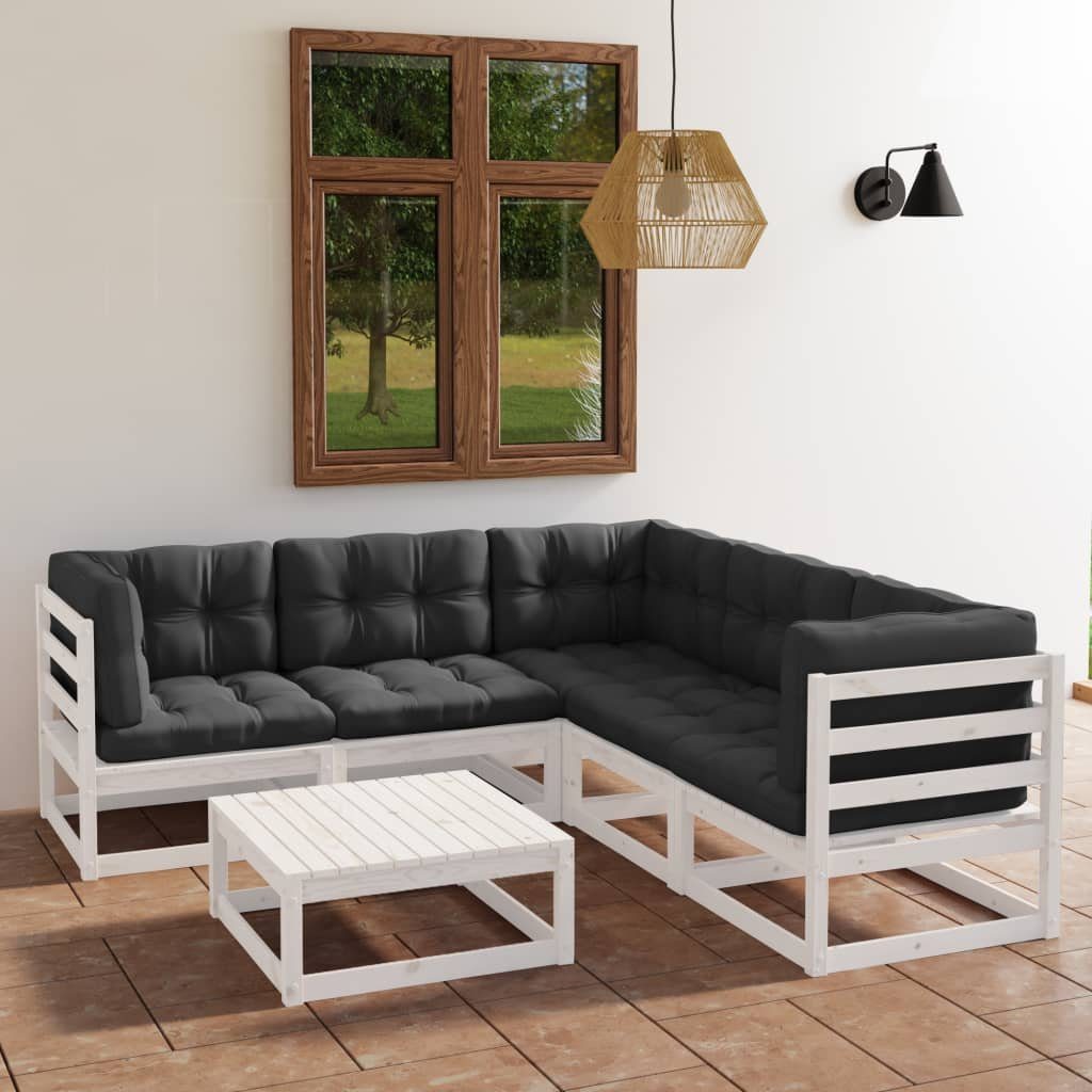 vidaXL Gartenlounge-Set 6-tlg. Garten-Lounge-Set mit Kissen Kiefer Massivholz, (1-tlg) Weiß