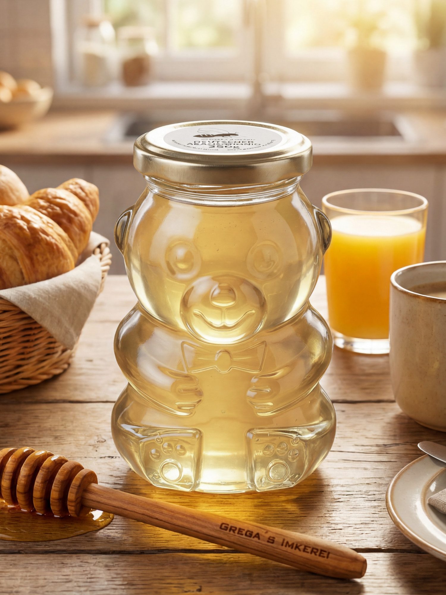 Grega´s Imkerei Honig Deutscher Akazienhonig im Bärenglas 350g, flüssig & mild, 1 x 350 g, (Perfektes Geschenk für Honigliebhaber), Im wiederverwendbaren Bärenglas optional mit Honiglöffel