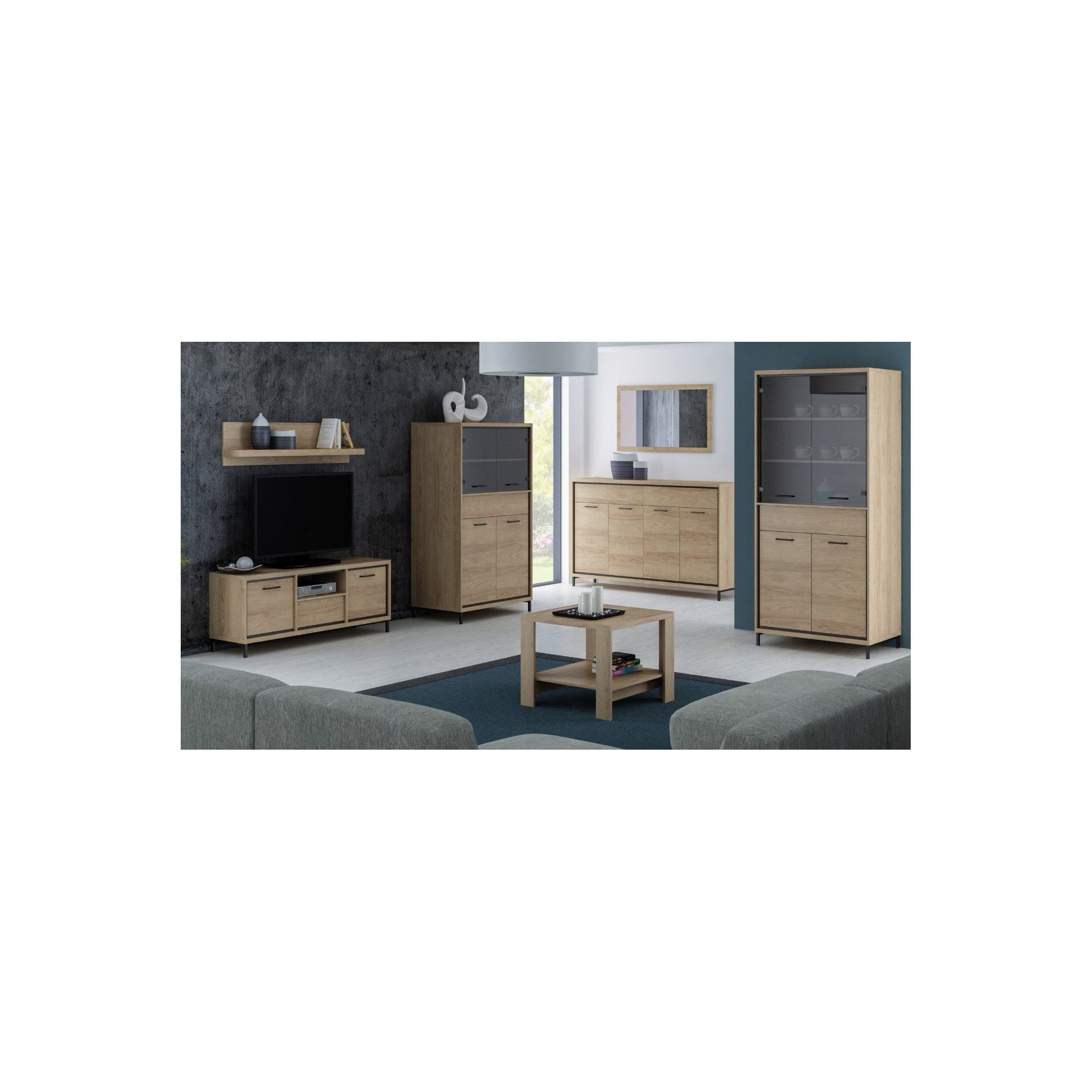 Raumhirsch Furniture Kommode Sideboard, Schrank, Wohnschrank, Anrichte (Maße: 127,5 x 41 x 101 cm (mit 2 Schubladen und 3 Schrankfächern), Soft-Close-Scharniere, Metallgriff, Loft-Design, Hickory-Holzoptik
