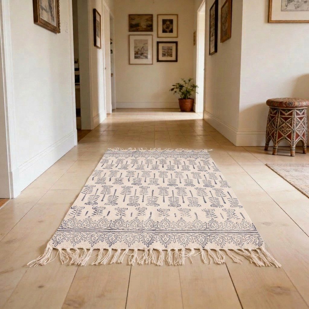 Guru-Shop Teppich Handgewebter Blockdruck Teppich 95*65 cm,.., Höhe: 95 mm