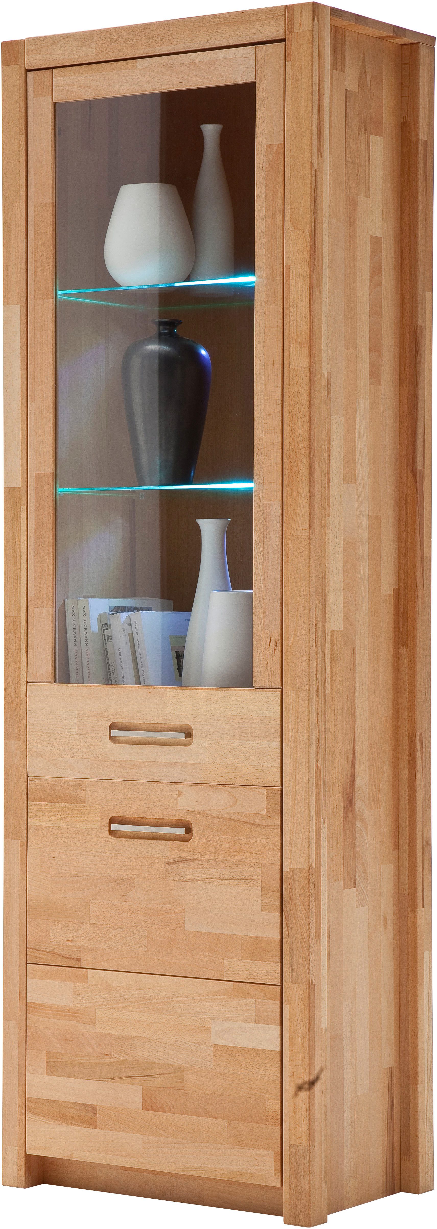 MCA living Vitrine Fenja Standvitrine, Glasvitrine, Stauraumvitrine, Hochschrank (1-St) Massivholz,Kernbuche,Metallgriffe,1 Holztür,1 Glastür, Breite 66 cm