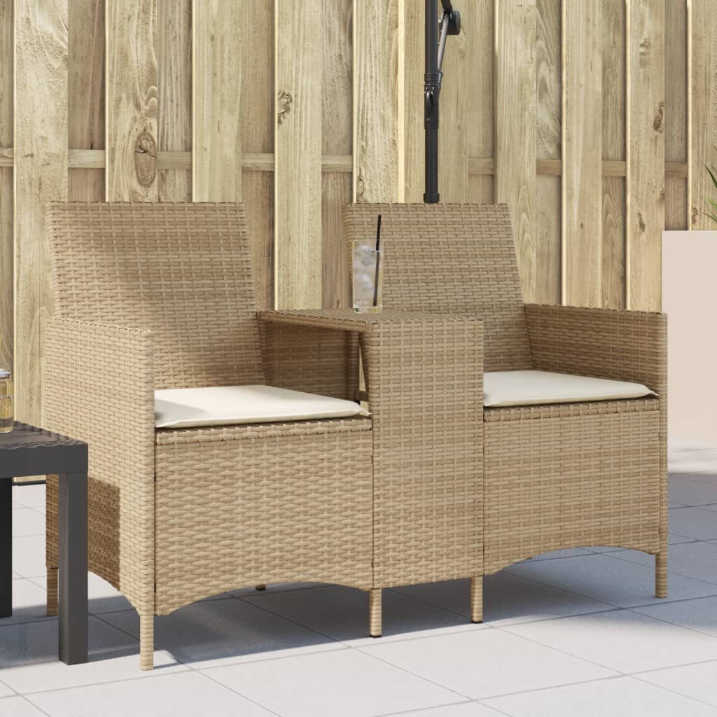 vidaXL Gartenlounge-Set, Gartensofa 2-Sitzer mit Tisch und Kissen Beige Poly Rattan