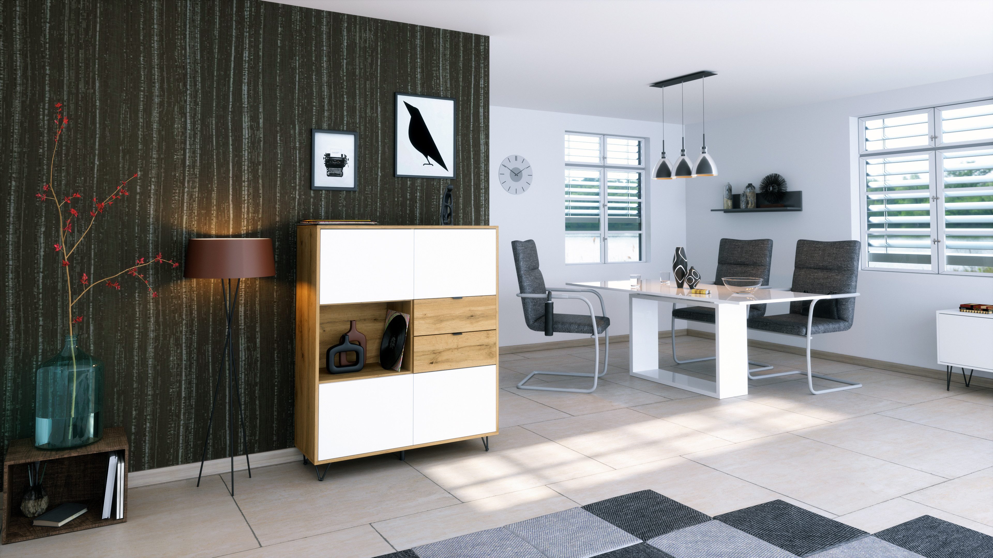 Vladon Highboard Marino V1 (Highboard mit 4 Tür Weiß matt, 2 Schubladen Eic günstig online kaufen