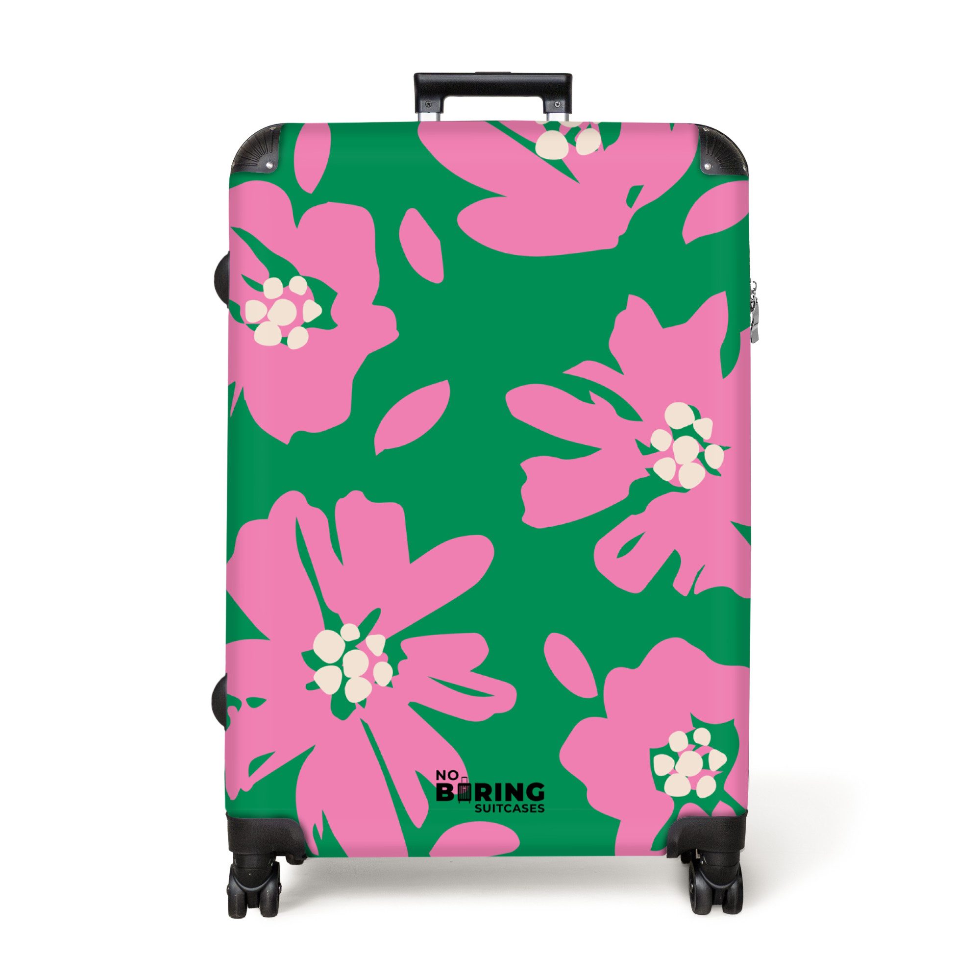 NoBoringSuitcases.com© Hartschalen-Trolley Grün mit rosa Blüten günstig online kaufen