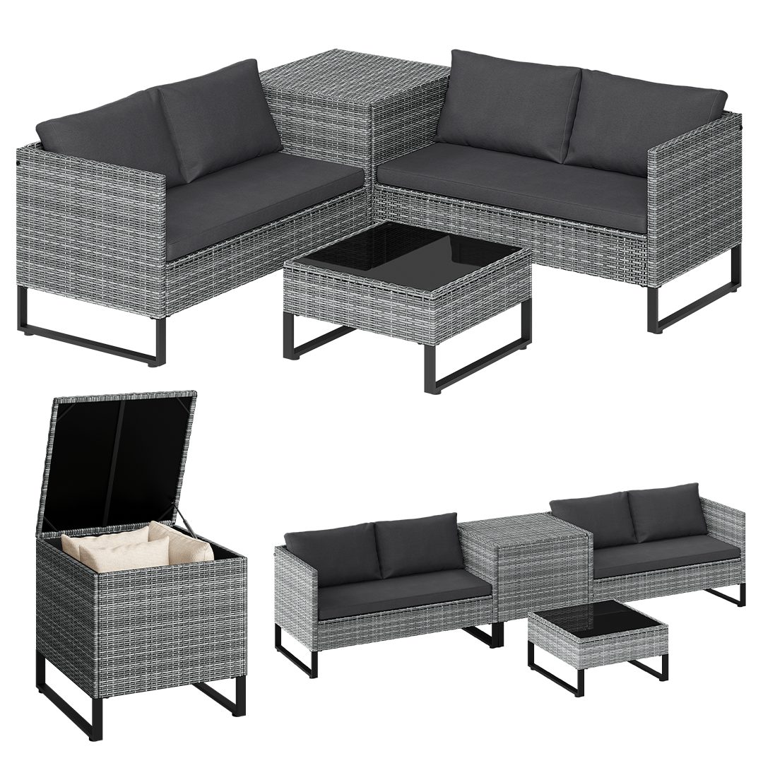STEELSØN Gartenlounge-Set Alniyat, (Polyrattan-Metall Sitzgruppe, 2 Sofa, Tisch, Aufbewahrungsbox), grau