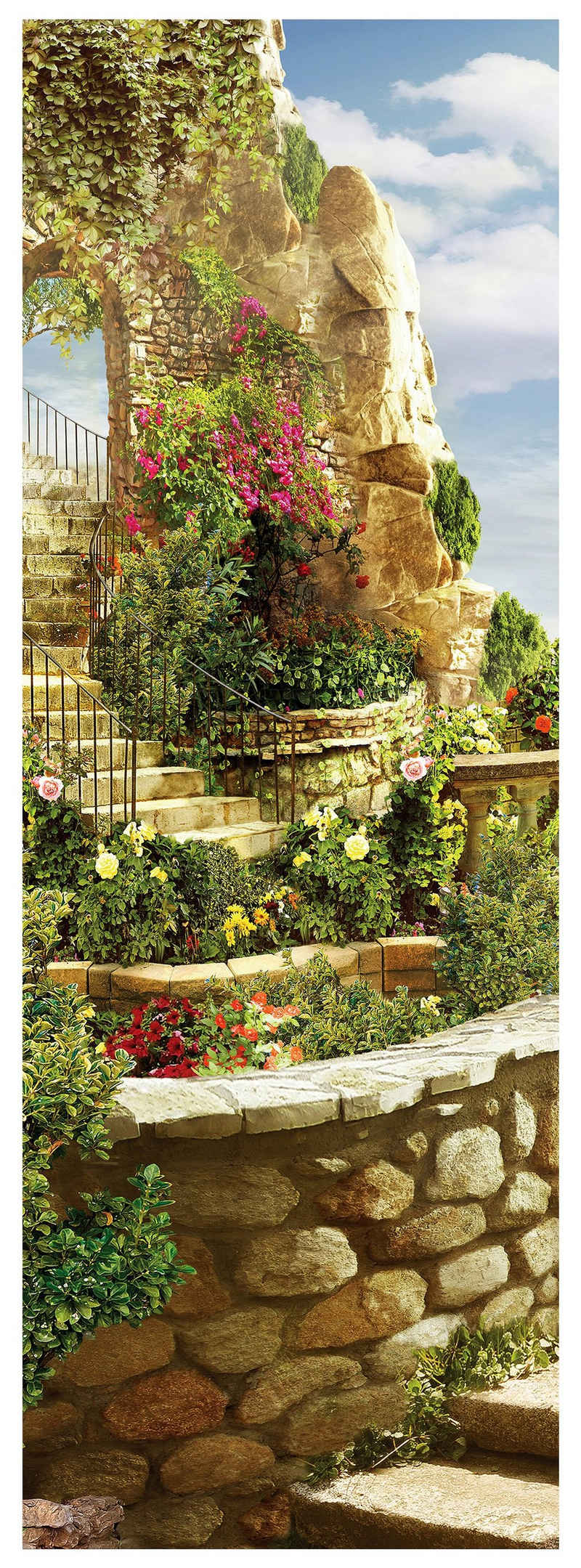 wandmotiv24 Türtapete Pflanzen an Steintreppe, Mediterran, glatt, Fototapete, Wandtapete, Motivtapete, matt, selbstklebende Dekorfolie