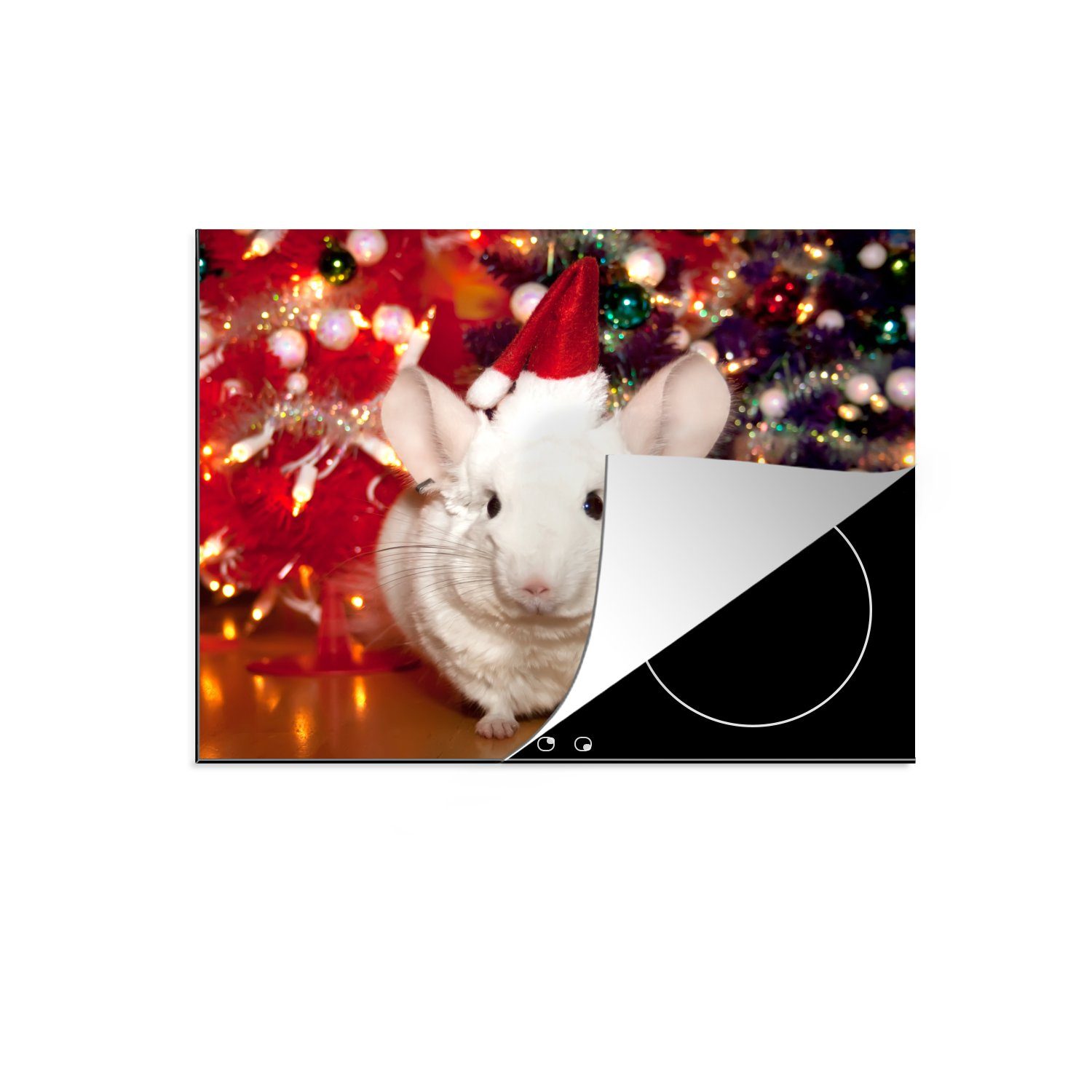 Ein eine tlg), Induktionskochfeld weißes Vinyl, Chinchilla cm, für MuchoWow trägt Ceranfeldabdeckung Weihnachtsmannmütze, 71x52 Schutz Herdblende-/Abdeckplatte (1 küche, die
