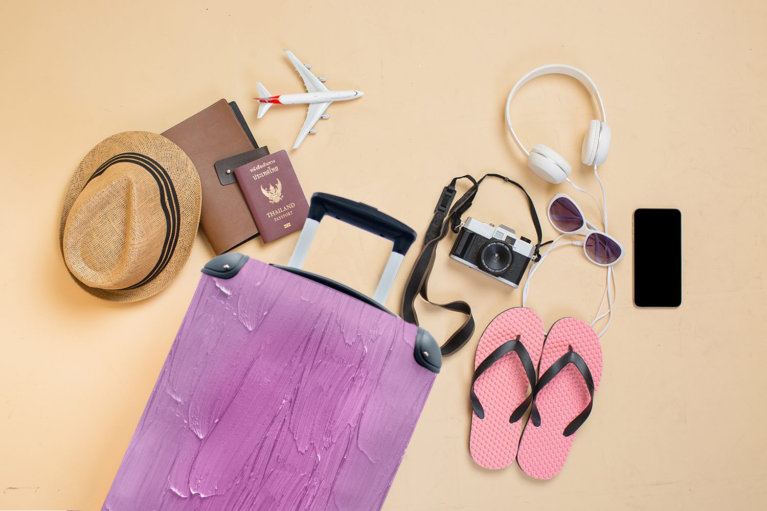 4 Muster Rollen, Farbe Handgepäck - Ferien, rollen, MuchoWow Reisekoffer mit Reisetasche Trolley, Lila, Handgepäckkoffer für -