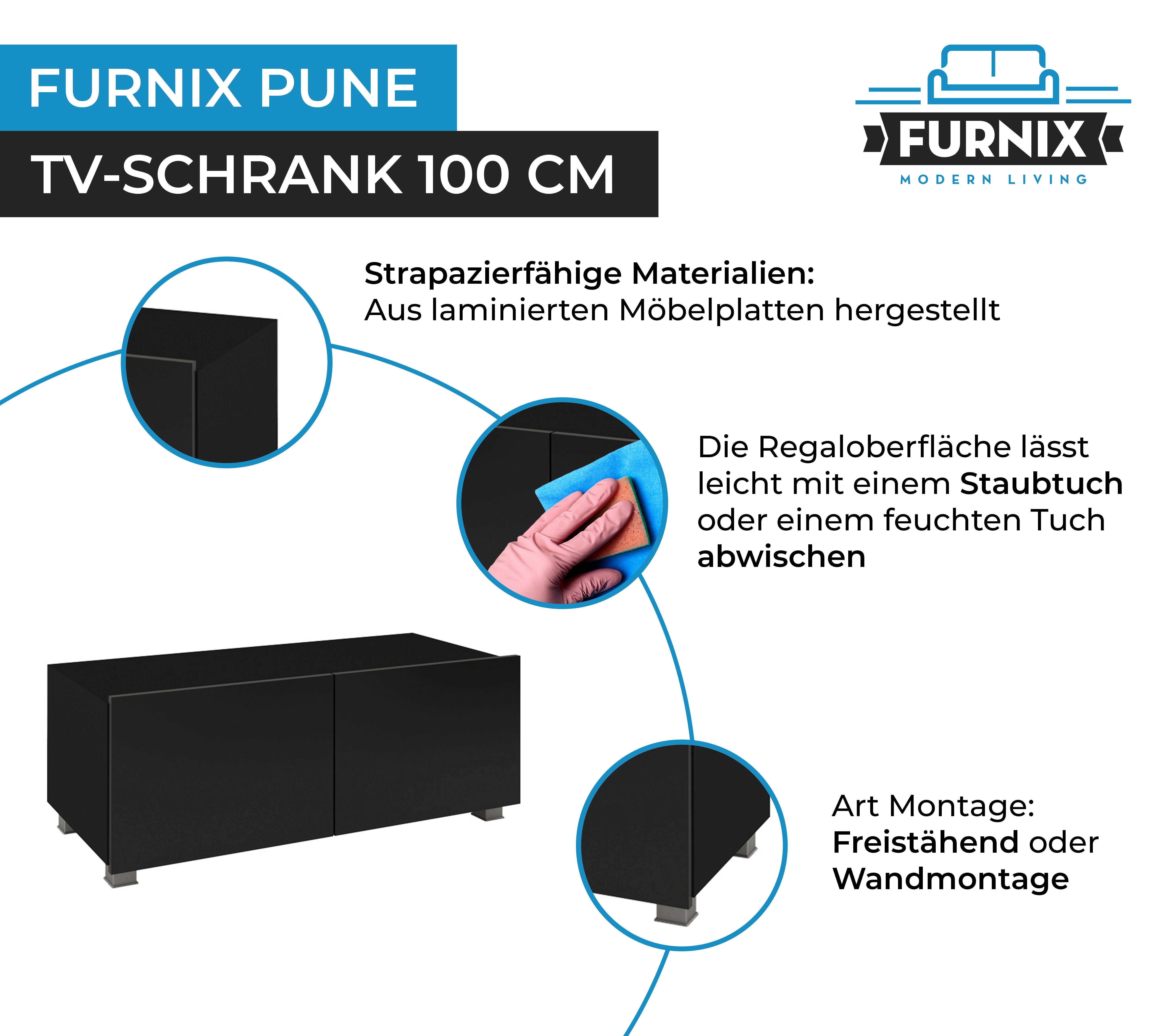 freistähend PUNE Wandmontage TV-Lowboard Schwarz/Schwarz Wahl nach möglich 100 fürs Glanz Wohnzimmer oder Furnix TV-Schrank