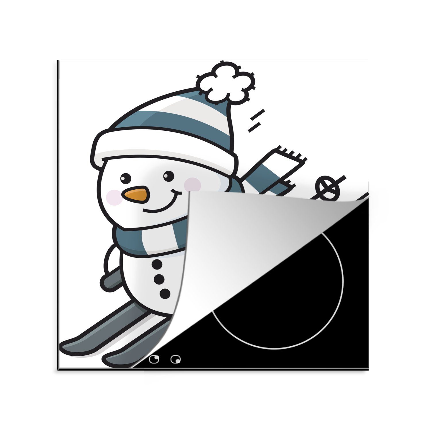 MuchoWow Herdblende-/Abdeckplatte Eine Illustration eines Schneemanns beim Skifahren, Vinyl, (1 tlg), 78x78 cm, Ceranfeldabdeckung, Arbeitsplatte für küche