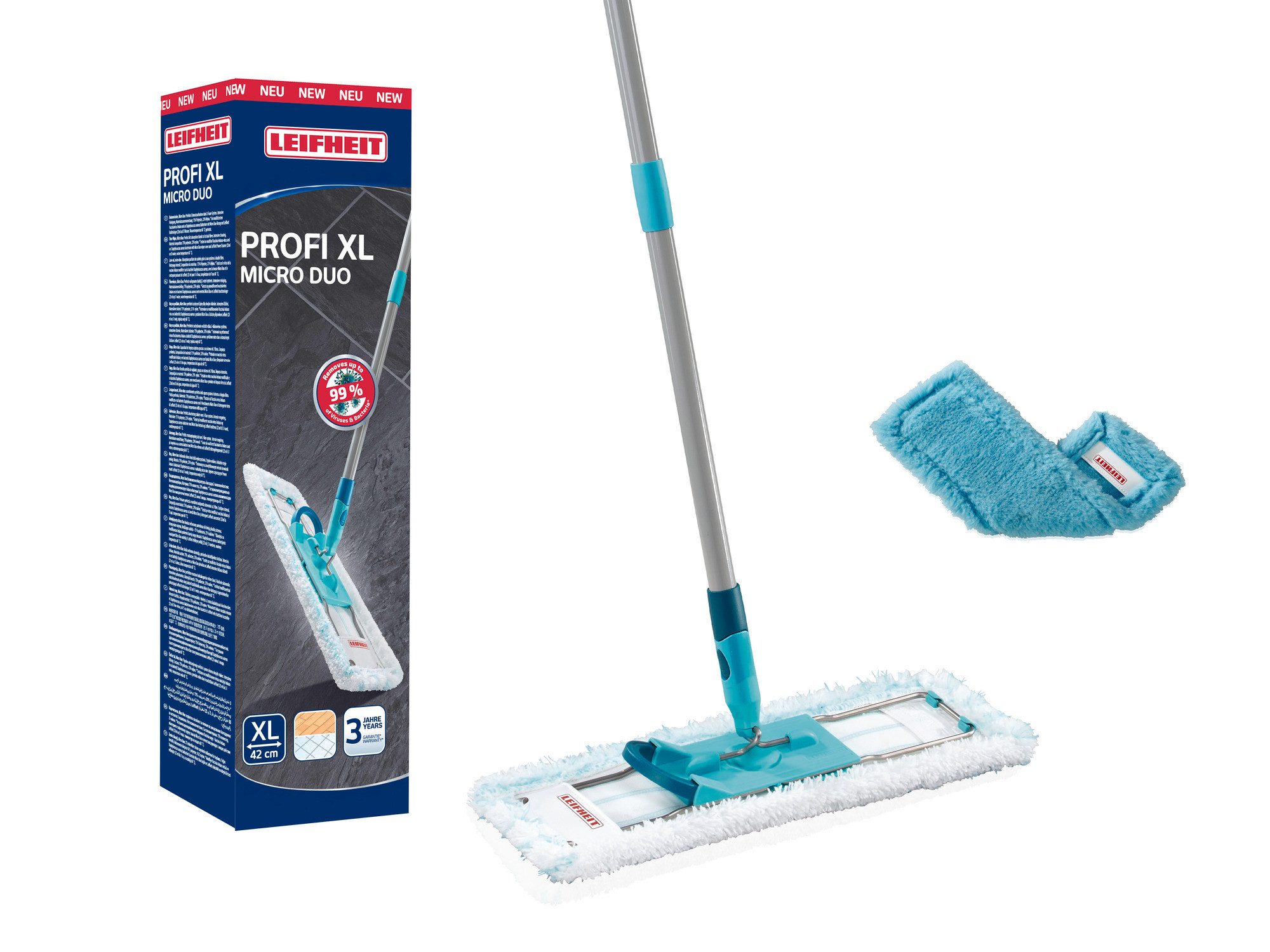 Leifheit Wischmopp Bodenwischer Profi XL micro duo + duster static (kompakte Box), Waschbare Bezüge, Wischbreite 42cm, Arbeitshöhe 146cm, 360° Drehgelenk