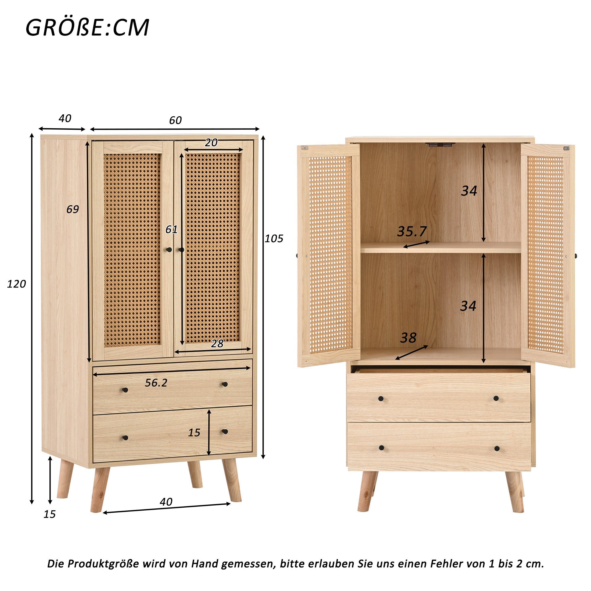 Flieks Kommode, Sideboard mit 2 Schubladen und 2 Türen Rattan 60x40x120cm