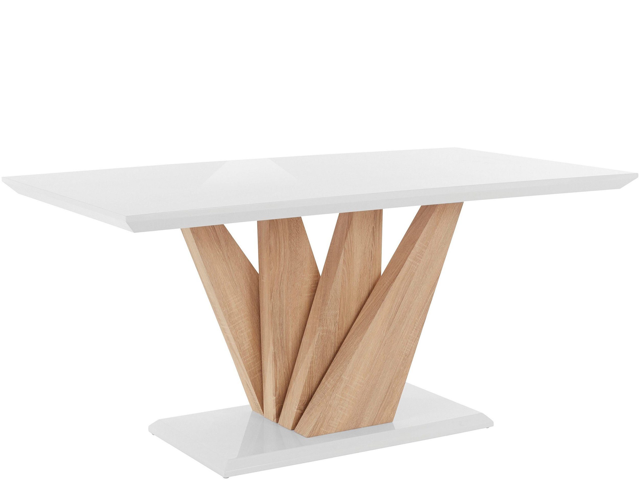 loft24 Esstisch Geggo, Tischplatte in Hochglanz weiß mit Säulengestell in eichefarben