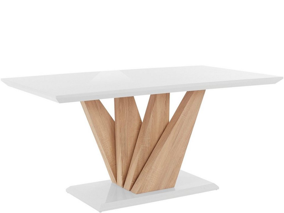 loft24 Esstisch Geggo, Tischplatte in Hochglanz weiß mit Säulengestell in  eichefarben