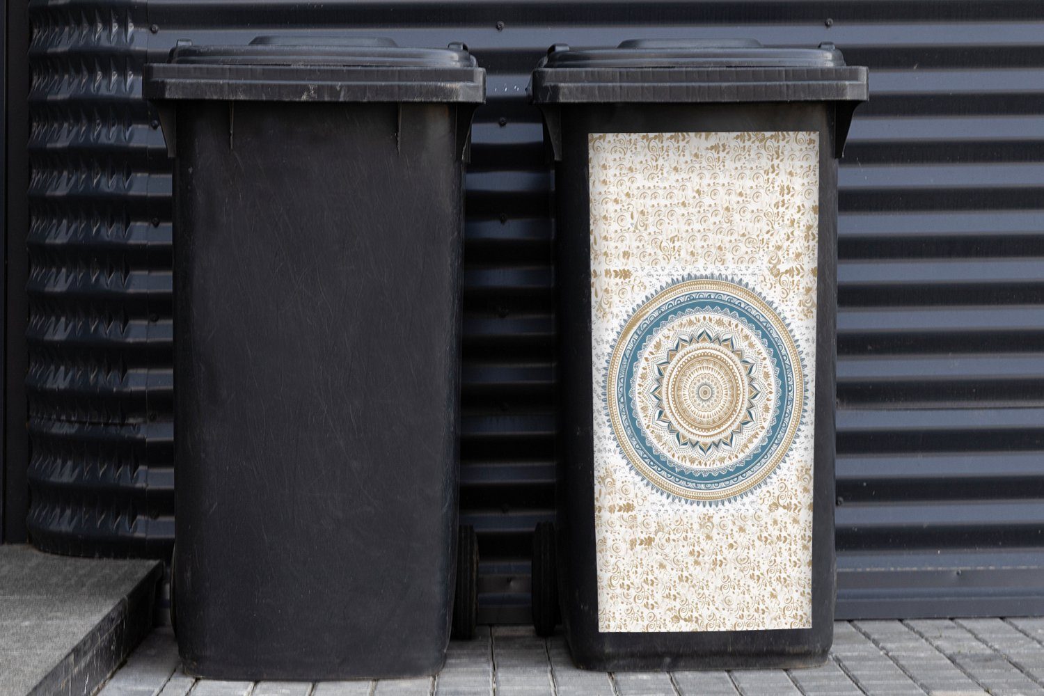 Sticker, (1 - Bohème Wandsticker Container, - - St), Mandala Design Mülltonne, - MuchoWow Weiß Abfalbehälter Blau Mülleimer-aufkleber,