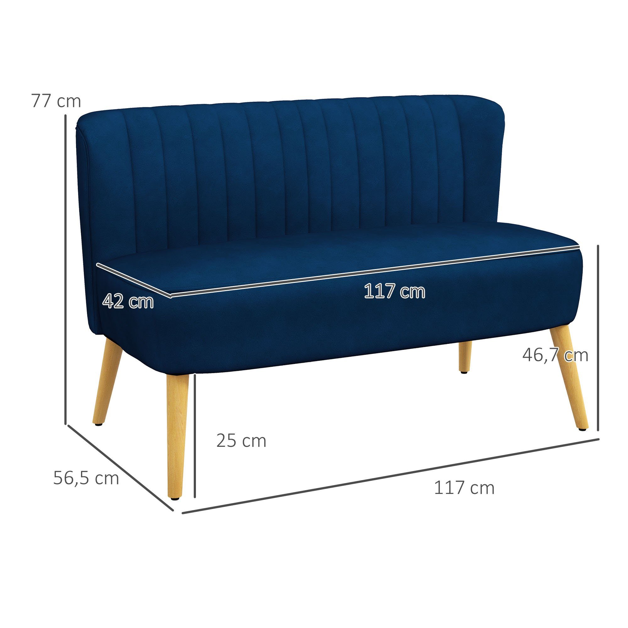 HOMCOM Loveseat Sofa 2 Sitzer mit Samt-Optik (Couch, 1-St., Modern Polstersofa), Dunkelblau 117 x 56,5 x 77 cm