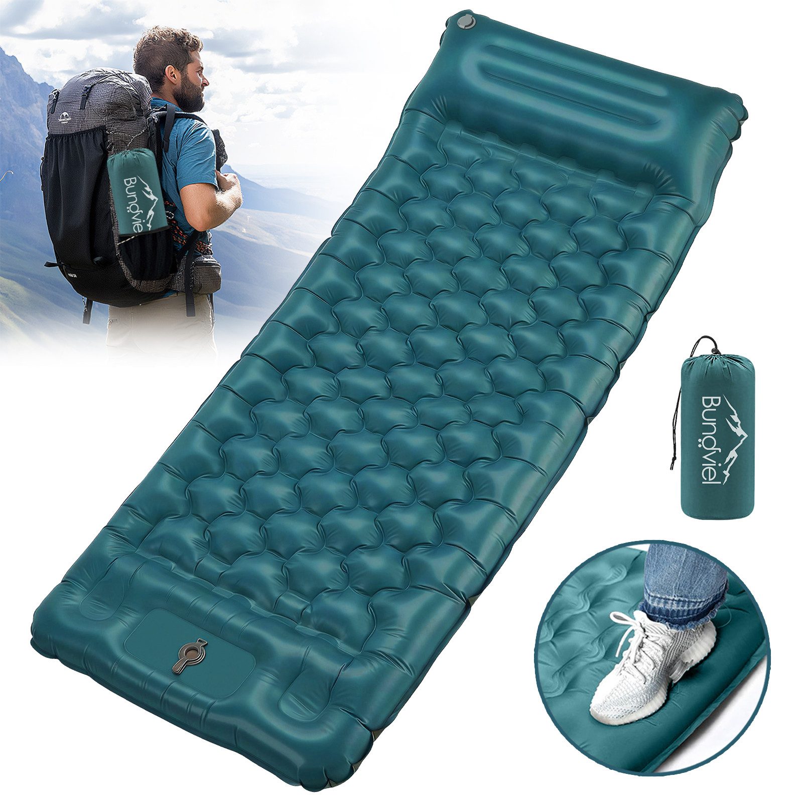 Bundviel Isomatte Camping Selbstaufblasend 12cm Dicke Luftmatratze Utraleicht mit Fußp, Ultraleicht 196x70x12cm / 196x83x12cm