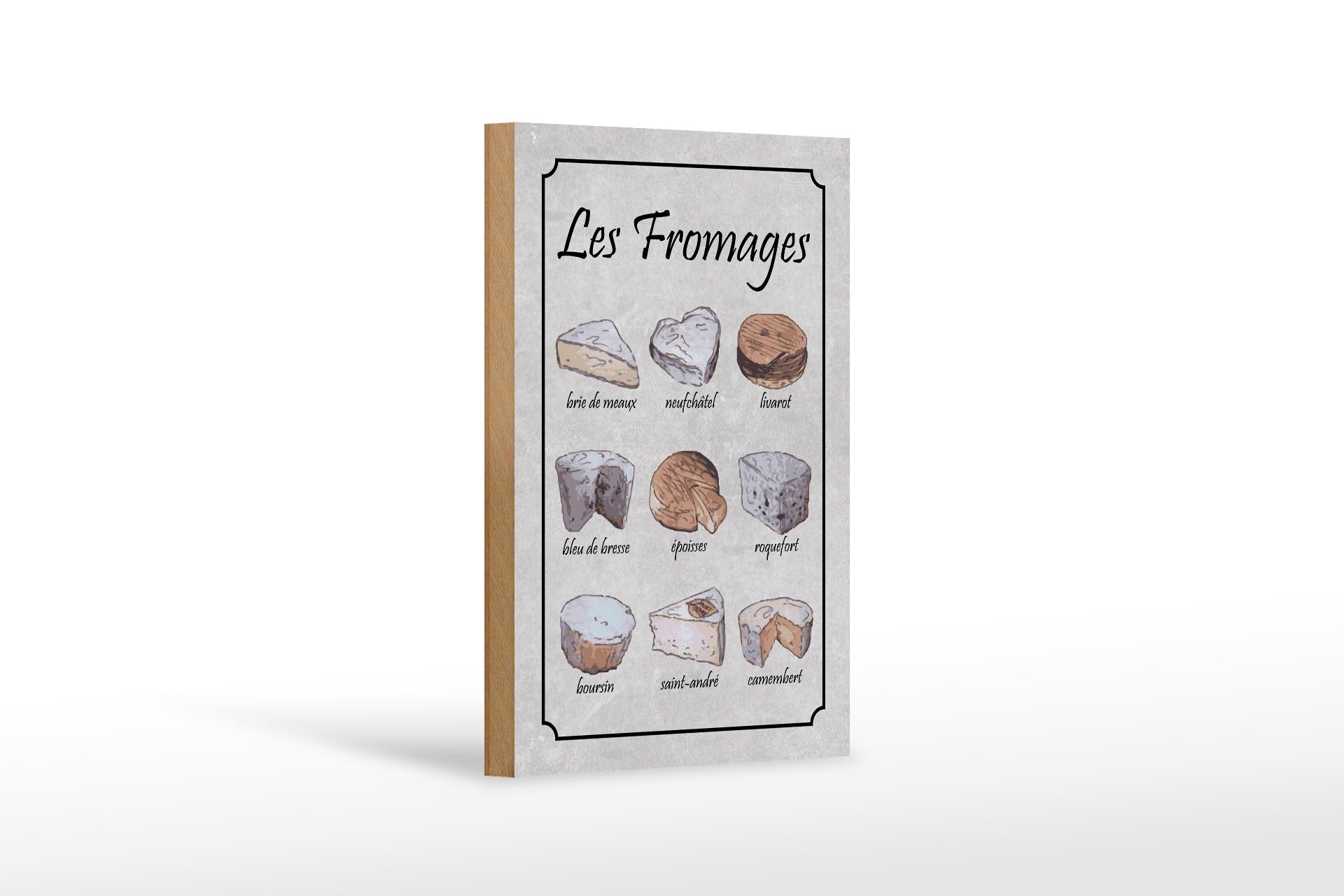 Femer GmbH Holzbild Essen 12x18 cm 9 französische Käsesorten Les Fromages, (1 St), Glatte Holzfaserplatte (MDF), vorn beschichtet