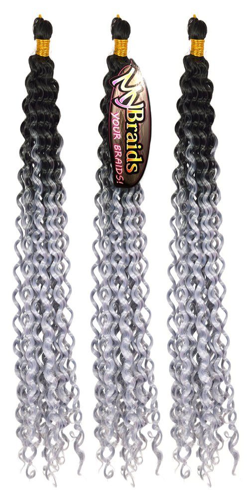 MyBraids YOUR BRAIDS! Kunsthaar-Extension Deep Wave Crochet Braids 3er Pack Flechthaar Ombre Zöpfe Wellig 12-WS Schwarz-Silbergrau